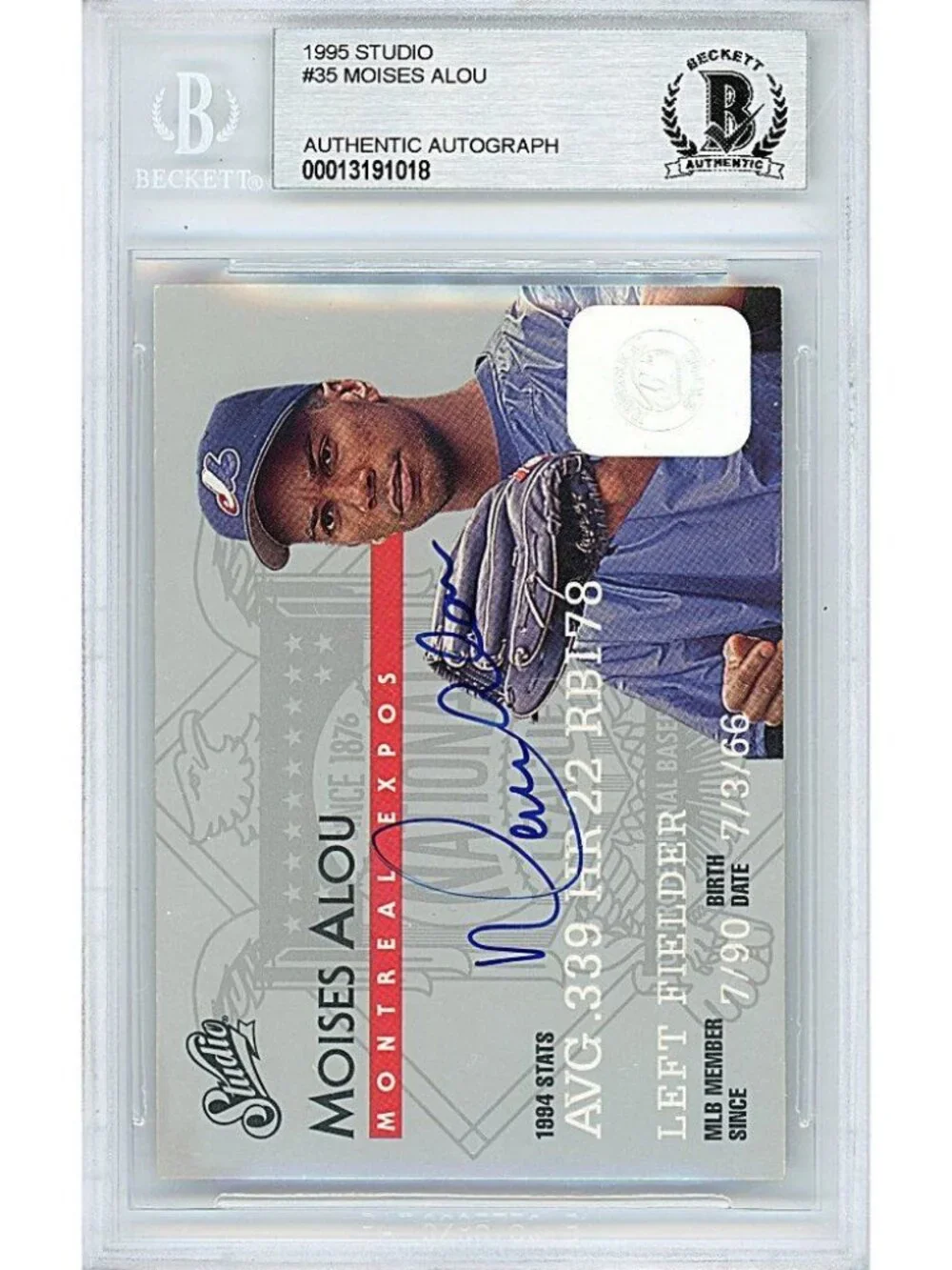 Moises Alou Expos Signed 1995 Studio Baseball Card Beckett BAS Autograph Slabbed